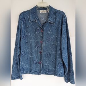 Vtg Sara Studio Denim Shirt Purple Buttons Floral Stitch Embroidered XL Womens